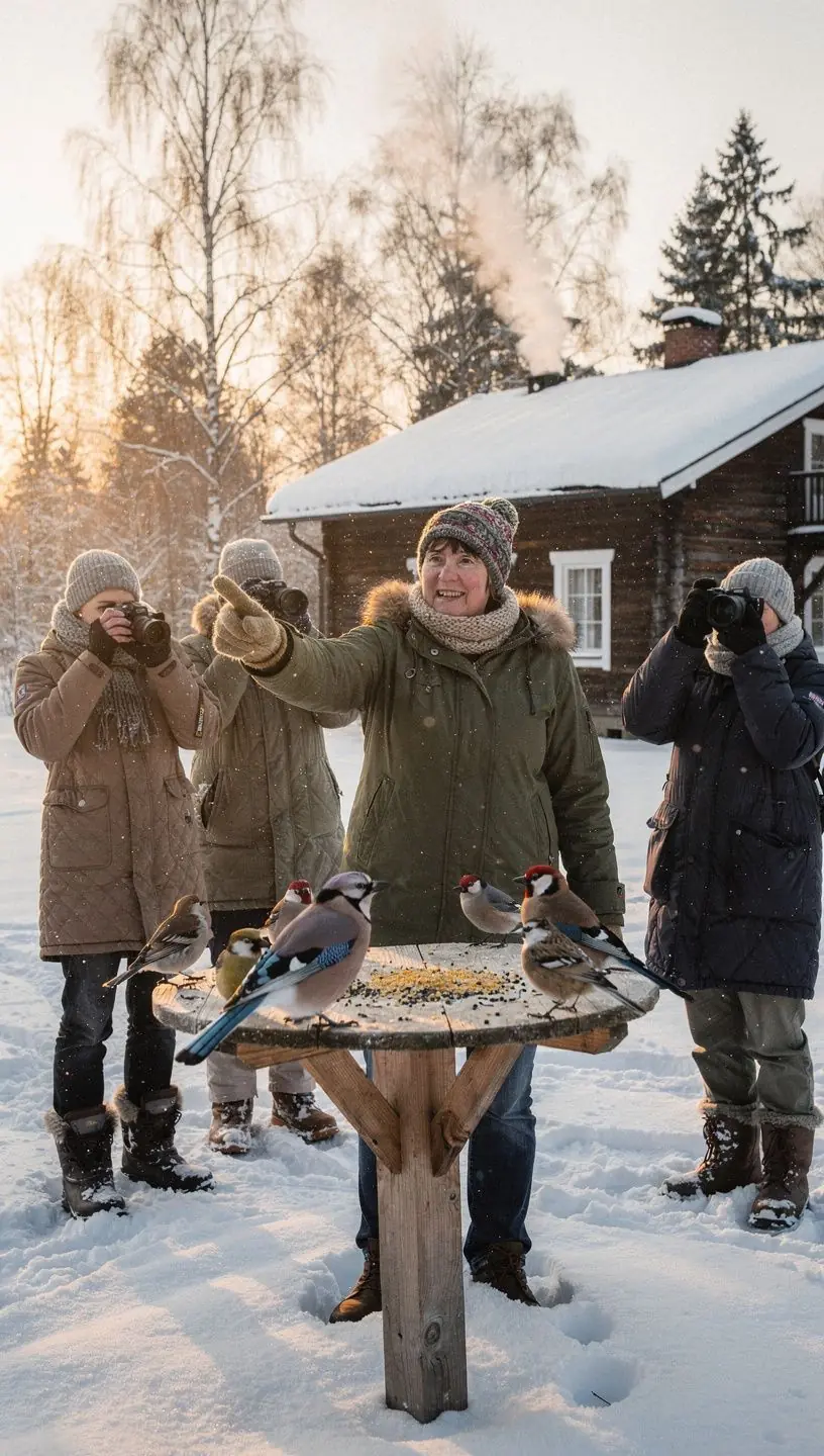 Lindude vaatleja kasutab binoklit Eesti metsas, kus on näha erinevaid rändlinde. Ekspert giid juhib rühma loodusradadel, selgitades kohalikku linnustikku ja elupaiku. Vaade rahuliku järve kaldale, kus pesitsevad haruldased veeselgrootud linnuliigid. Rändlindude parv lendab sügisese sinise taeva taustal Eesti rannikualal. Matkagrupp kuulab giidi, kes näitab lindude äratundmiseks spetsiaalseid tunnuseid. Kaamera suumib värvikat rähni puutüvel, rõhutades Eesti metsade rikkalikku linnustikku.