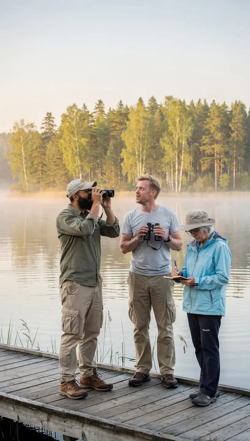 Lindude vaatleja kasutab binoklit Eesti metsas, kus on näha erinevaid rändlinde. Ekspert giid juhib rühma loodusradadel, selgitades kohalikku linnustikku ja elupaiku. Vaade rahuliku järve kaldale, kus pesitsevad haruldased veeselgrootud linnuliigid. Rändlindude parv lendab sügisese sinise taeva taustal Eesti rannikualal. Matkagrupp kuulab giidi, kes näitab lindude äratundmiseks spetsiaalseid tunnuseid. Kaamera suumib värvikat rähni puutüvel, rõhutades Eesti metsade rikkalikku linnustikku.