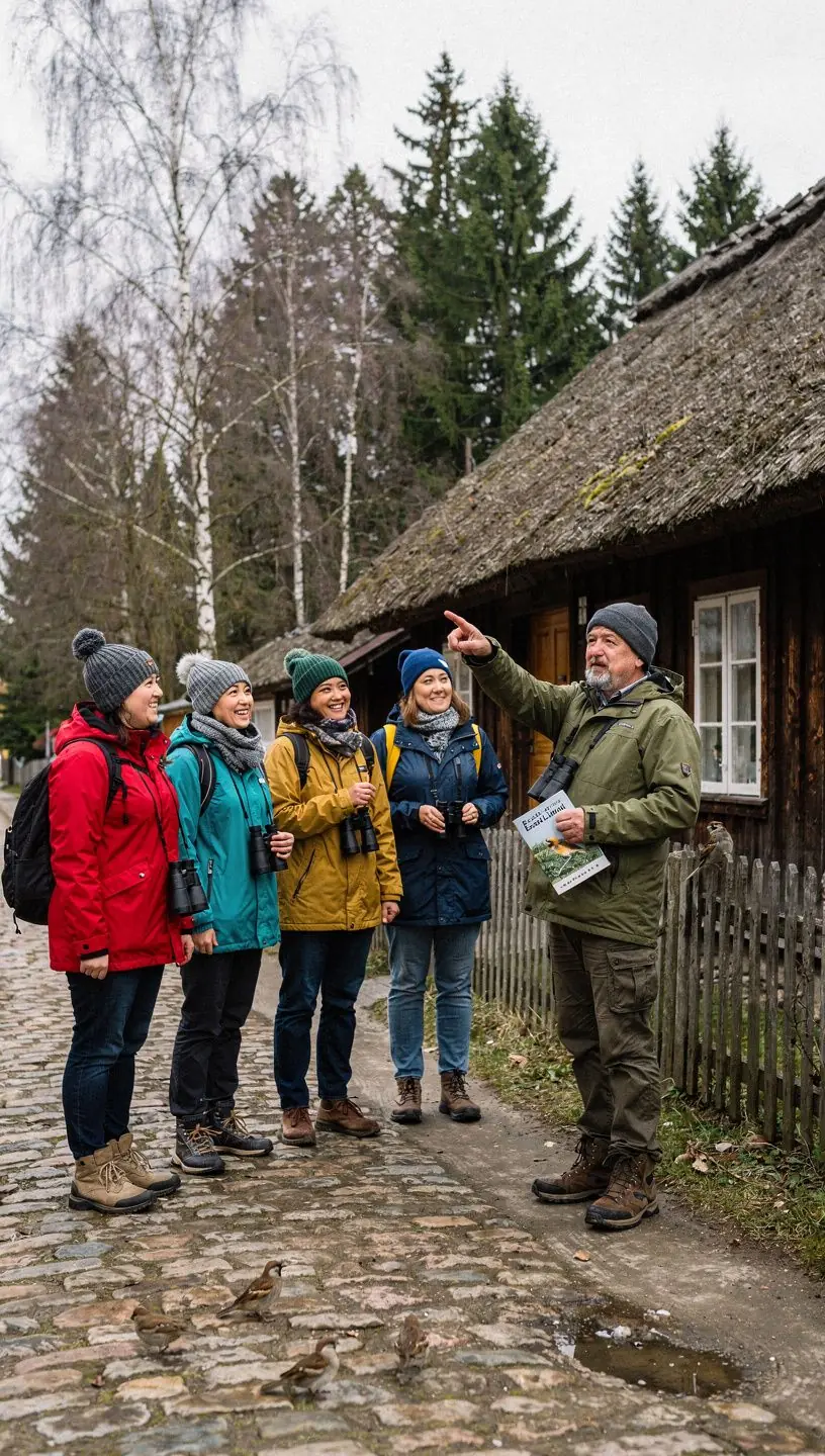 Lindude vaatleja kasutab binoklit Eesti metsas, kus on näha erinevaid rändlinde. Ekspert giid juhib rühma loodusradadel, selgitades kohalikku linnustikku ja elupaiku. Vaade rahuliku järve kaldale, kus pesitsevad haruldased veeselgrootud linnuliigid. Rändlindude parv lendab sügisese sinise taeva taustal Eesti rannikualal. Matkagrupp kuulab giidi, kes näitab lindude äratundmiseks spetsiaalseid tunnuseid. Kaamera suumib värvikat rähni puutüvel, rõhutades Eesti metsade rikkalikku linnustikku.